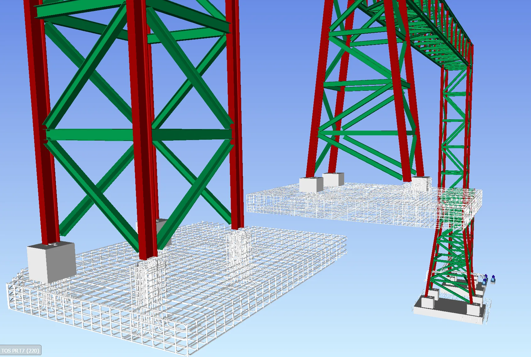 Pipe rack BIM model with foundations, steel structure, and reinforcement steel