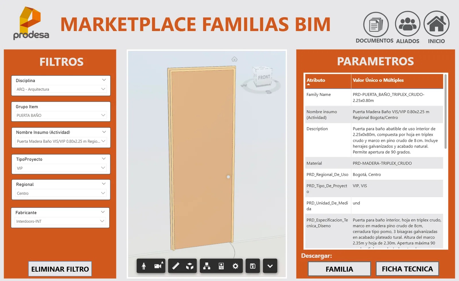 Prodesa BIM Marketplace interface with family filters, 3D preview, and technical parameters